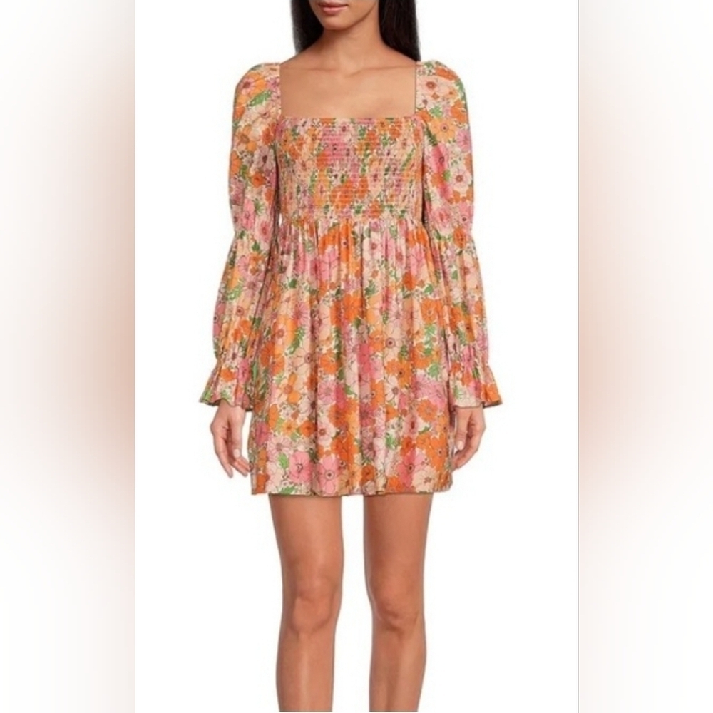 Gianni Bini Women's Jade Floral Smocked Bodice Mini Dress Square Neck Babydoll M